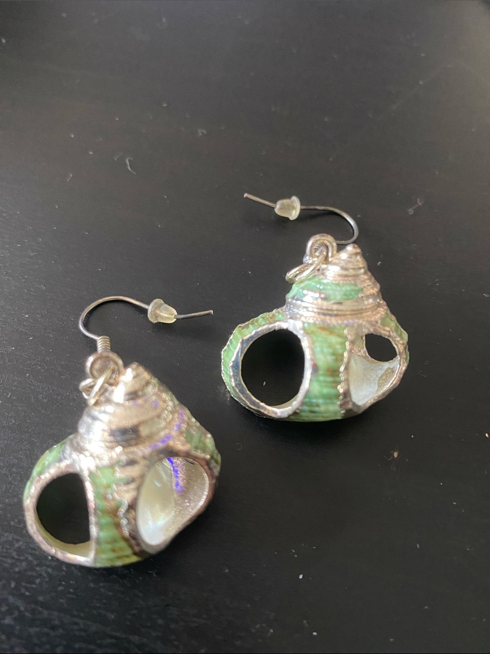 Vintage Cayman Islands Handmade Green Turban Shell Dangle Earrings Coastal Boho